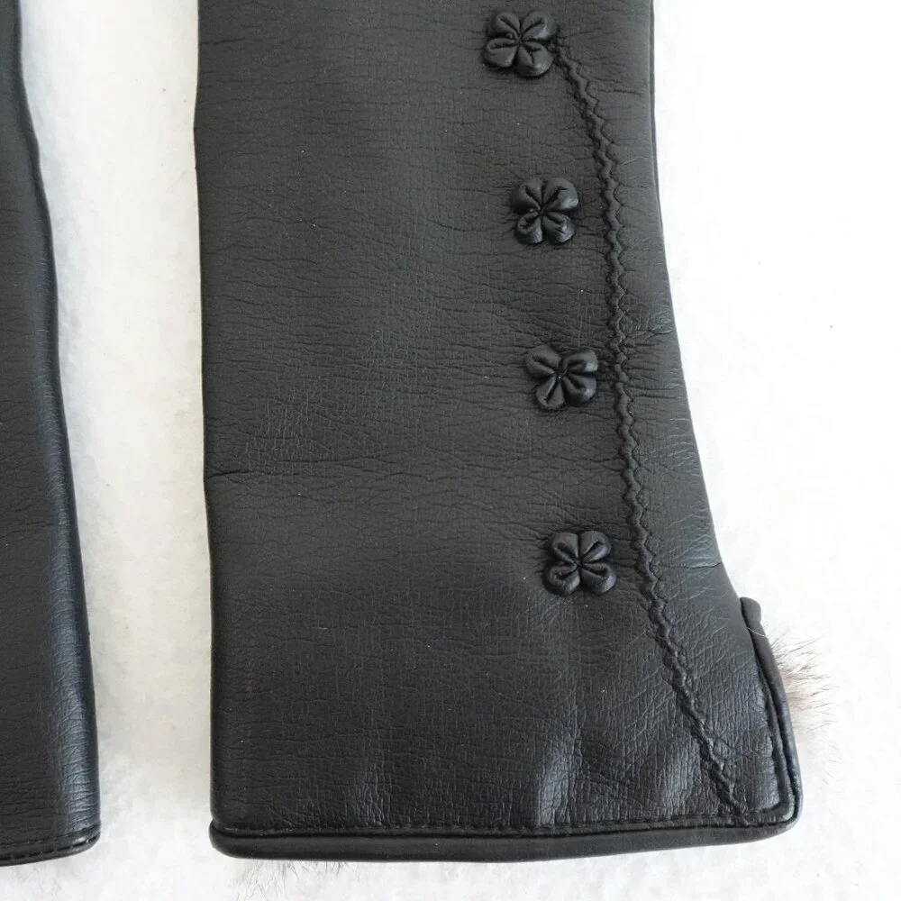 Vintage Women’s Faux Black Leather Fur Lined Gloves Size 7 to 8 1/2 S/M